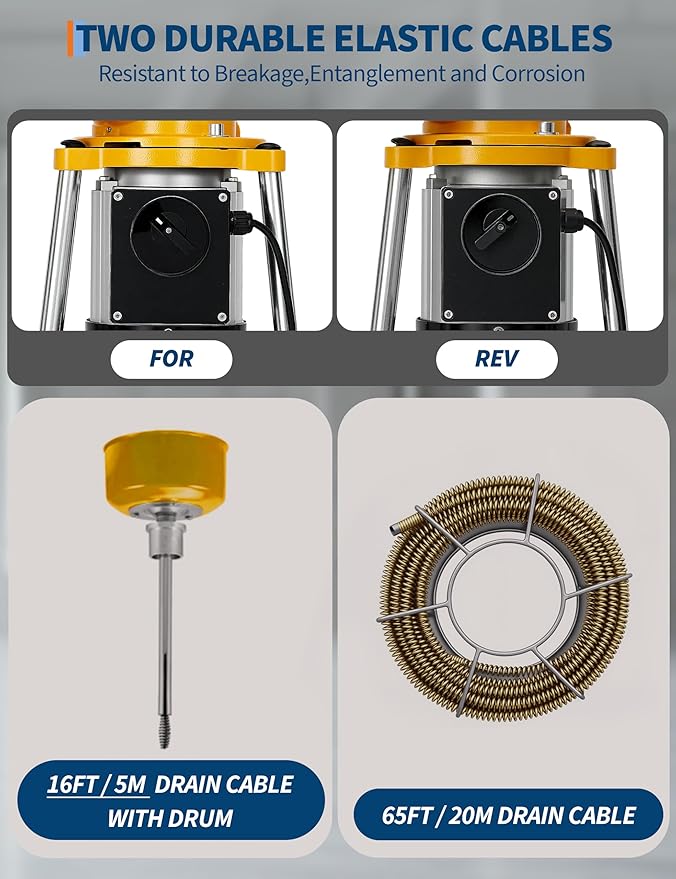 Portable Drain Cleaning Machine, 500w Auto Feed Electric Drain Cleaner Machine Auger Sewer Snake with 66 FT x 5/8" & 16 FT x 3/5" Steel Cables & 6 Cutters for Kitchen Bathroom 1.6"-4" Pipes