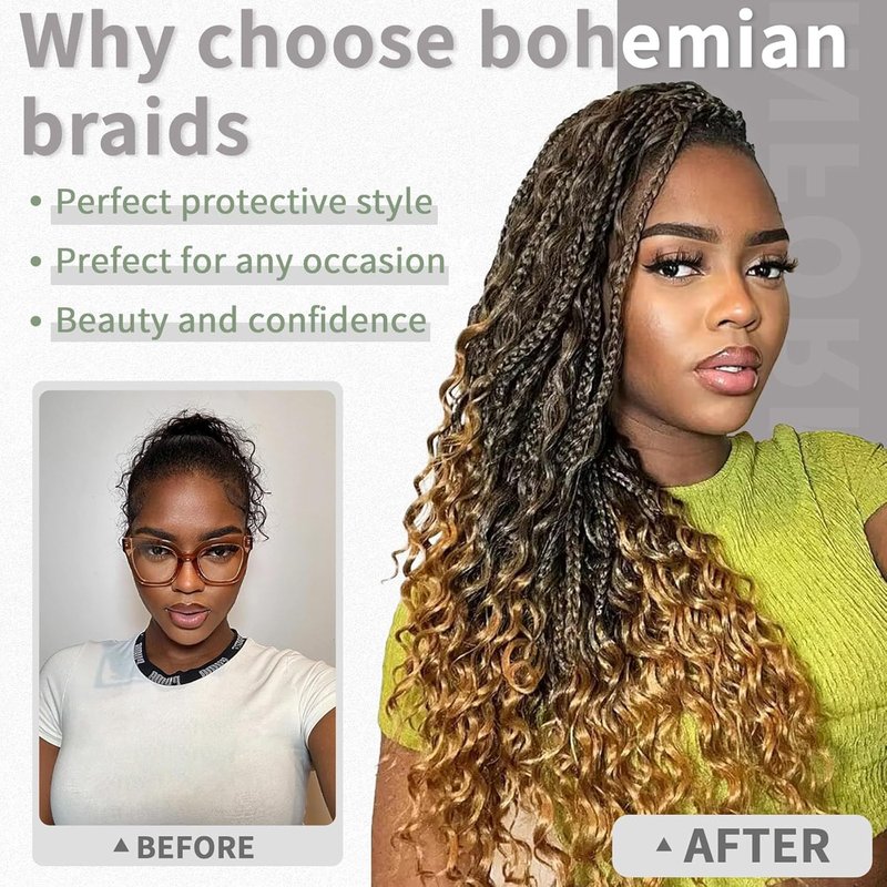 Goddess Box Braids - 7 Packs Grey Crochet Hair with Curly Ends | 14 Inch Bohemian Braiding Extensions 1B/Gray