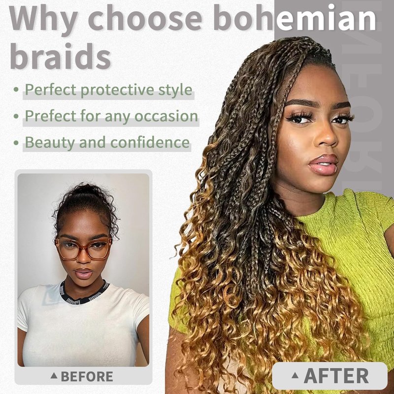 18 Inch 7 Pack Goddess Box Braids Bohemian Crochet Boho Box Braids With Curly Ends Pre-looped Crochet Braids Hair for Women Synthetic Braiding Hair Extensions,1B/530/350