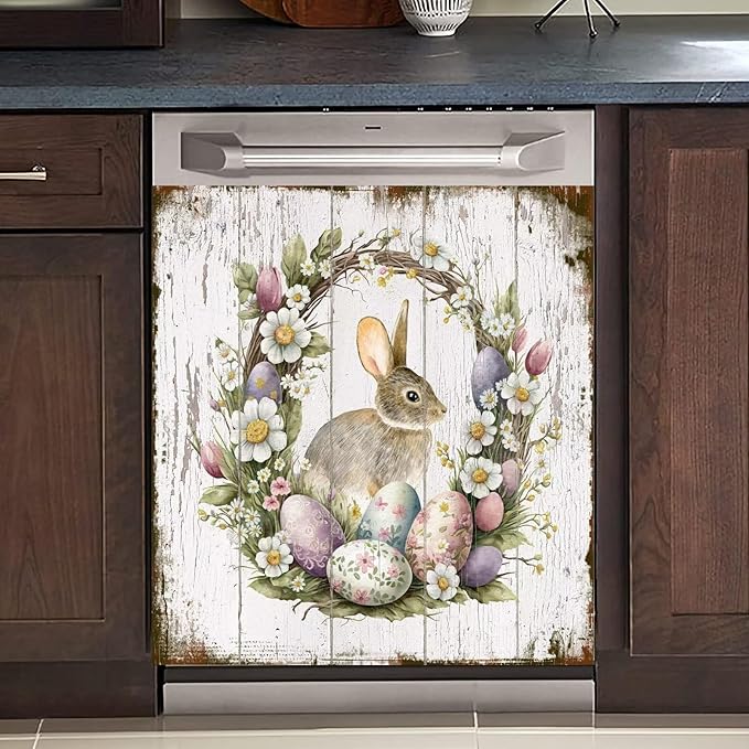 Easter Bunny Dishwasher Full Door Magnetic Sticker Home Appliances, Easter Eggs Refrigerator Magnet Skin Cover, Spring Wreath Magnetic Dishwasher Panel Cover - (23" x 26" Magnetic)