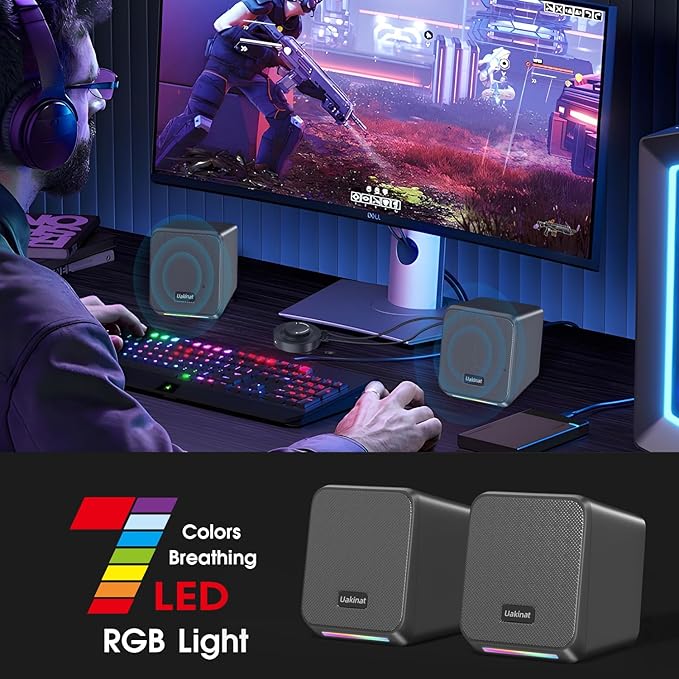 Uakinat Computer Speakers,with 7 Colorful RGB Lights, Headphone Jack, Enhanced Bass and Volume Control, PC Speakers USB Powered Gaming Speakers for Laptop Monitor PC Tablet Phone