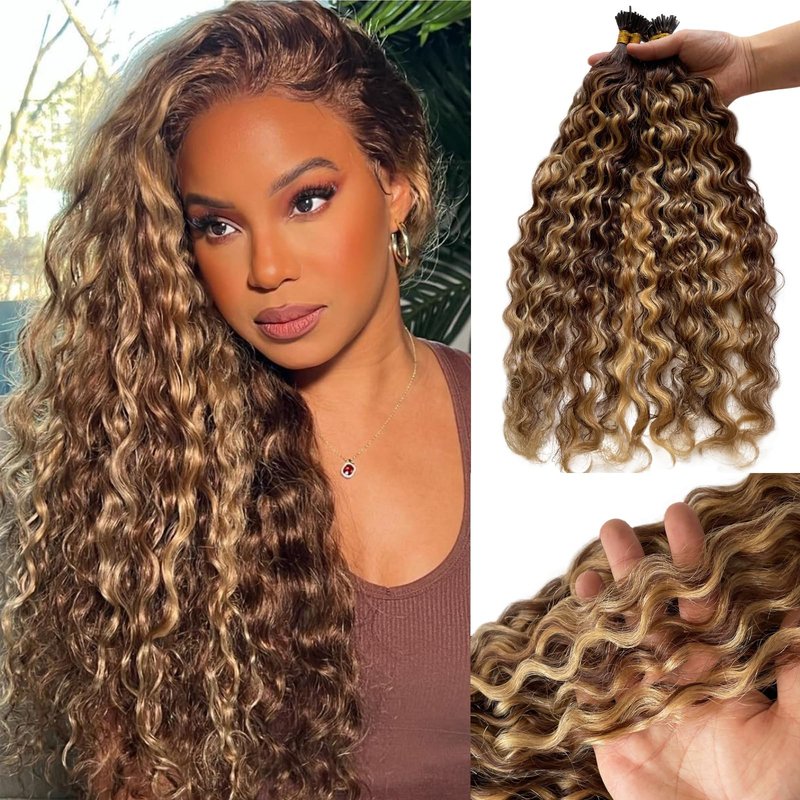 I Tip Human Hair Extensions 14inch 100 Strand 50G, Water Wave I Tips Hair Extensions Real Human Hair for Women Ombre Blonde Extensions I Tips Camel Brown Microlinks Cold Fusion I Tip Human Hair
