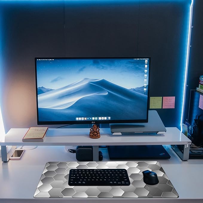 KOAIWPAE Large Gaming Mouse Pad for Desk, Silver Technology Honeycomb Desk Mat, Sci-Fi Honeycomb Desk Pad, 31.5"x15.7" Extended Big Computer Keyboard Mouse Pad with Non-Slip Base and Stitched Edge