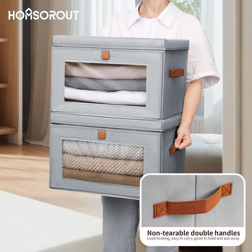 Homsorout Large Closet Storage Organizer - Collapsible Fabric Bins with Handles & Window, Grey | 2 Pack