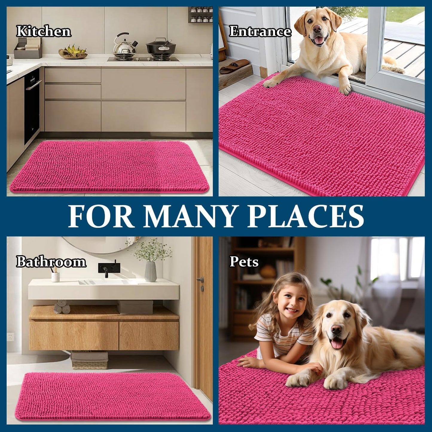 OLANLY Dog Door Mat - Absorbent Non-Slip Mud Mat for Indoor Use | Quick Dry Chenille, 70x24, Hot Pink