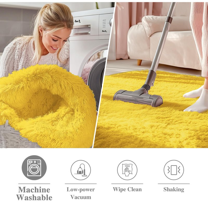 OLANLY Yellow Round Rugs for Bedroom - Machine Washable, 4 ft Circle Area Rugs for Living Room, Soft and Fluffy Shaggy Carpet for Teen Girl and Boys, Nursery Rooms, Dorms, Home Decor Aesthetic