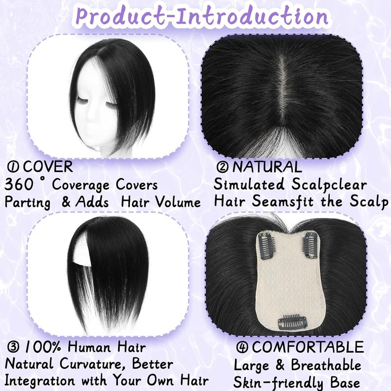 LEDIZE Hair Toppers for Women Real Human Hair, 360° Cover Middle Part Human Hair Toppers for Women with Thinning Realistic Scalp Line Upgrade Basement Toppers Hair Pieces Medium Brown, Side Bangs