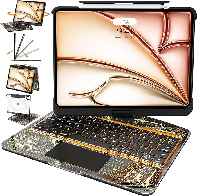 Intermerge Transparent Keyboard Case for iPad Pro 11"(M5,2025/ M4,2024), 360° Swivel Multi-Touch Trackpad, 7-Color RGB Backlit, Pencil Holder, Type-C, Power Indicator, Shadow Pulse