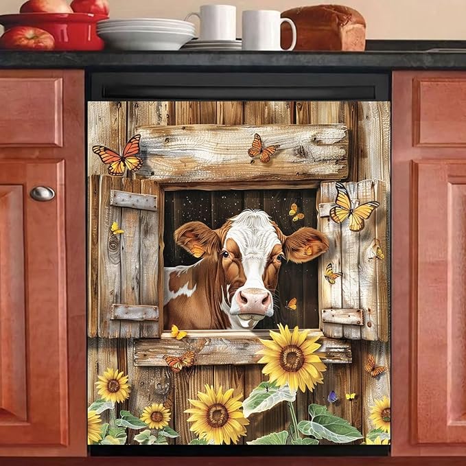 Farm Animals Cow Kitchen Magnet Dishwasher Skin Cover Panel, Country Sunflower Refrigerator Door Cover Sheet Magnetic, Butterfly Magnetic Dishwasher Sticker for Front, 23" W x 26" H Magnetic