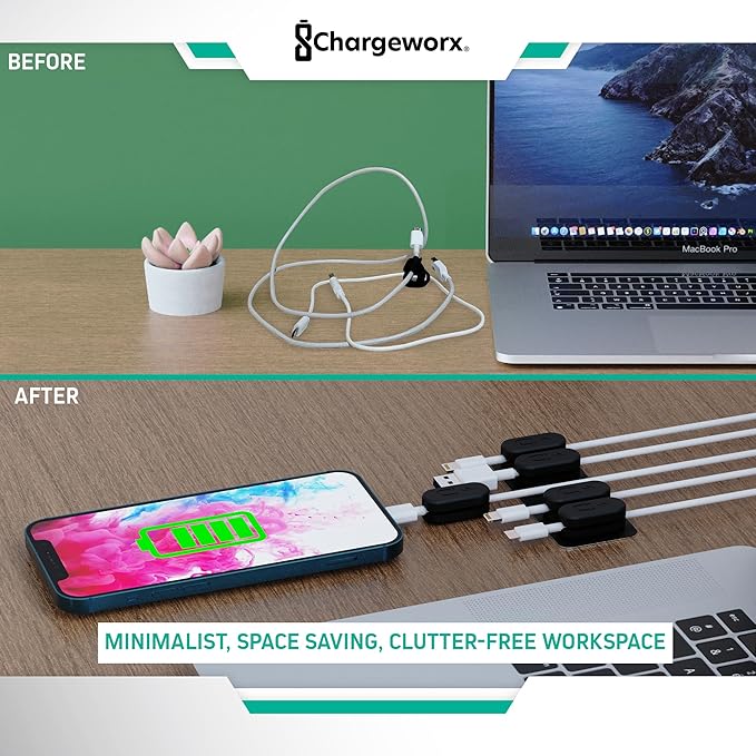 CHARGEWORX Pack of 5 Magnetic Cable Clips, Adhesive Cord Organizer for Desk, Nightstand, Wall or Car, Wire Holder for USB-C, Lightning and Micro-USB Cables, Black