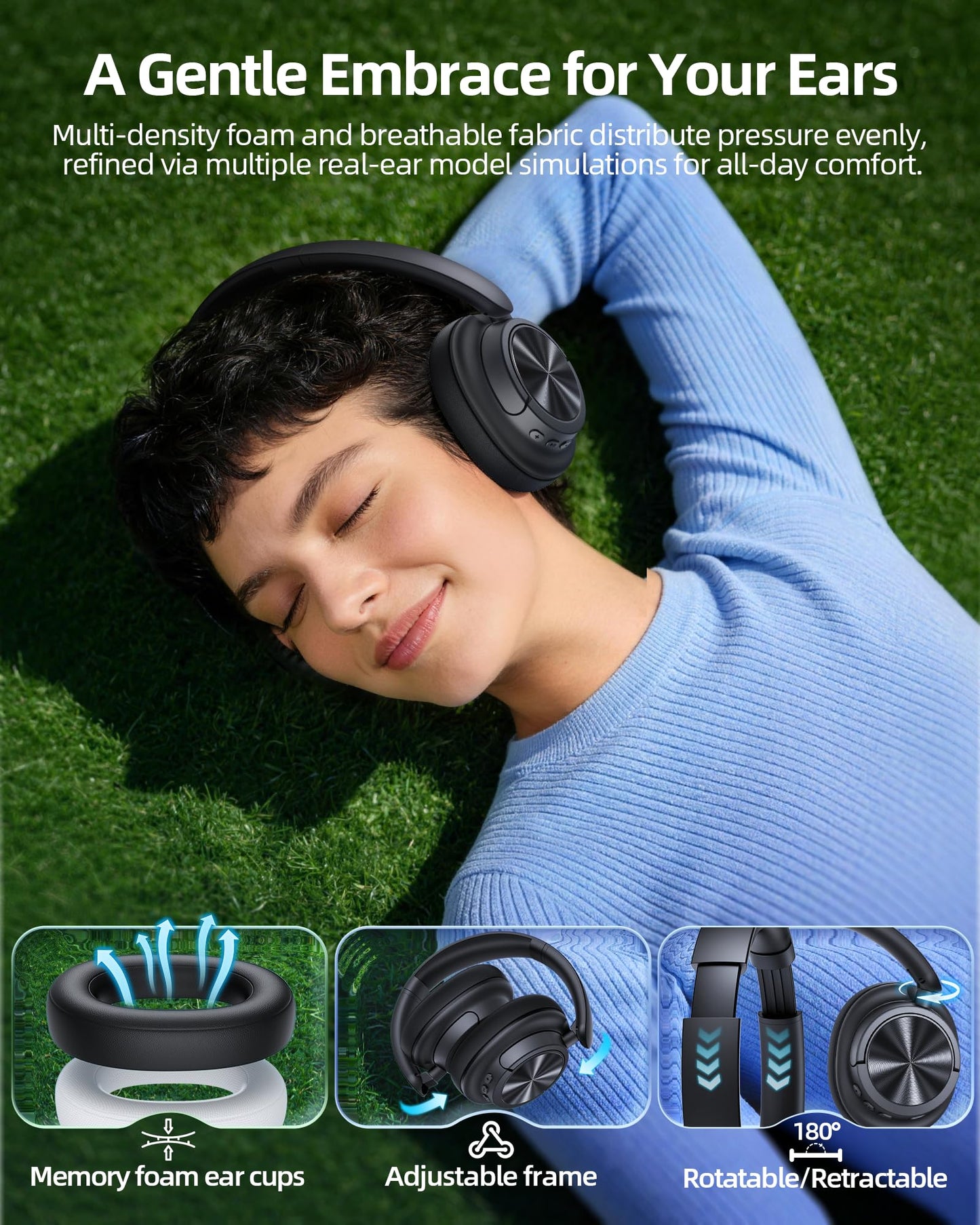 bmani Hybrid Active Noise Cancelling Headphones 120H Playtime Wireless Headphones Bluetooth 6.0 Over Ear Headphones with 6 ENC HD Call Mic, 360° Spatial Audio ANC Headphone for Travel Workout (Cyan)