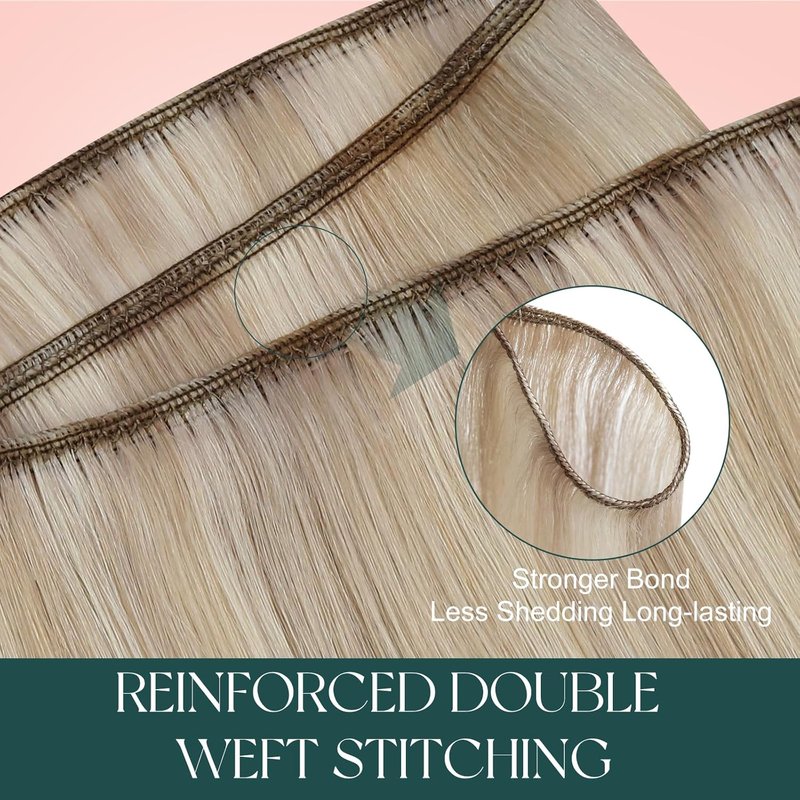 Human Hair Weft Extensions - Seamless Ash Blonde Highlights | 14 Inch, 70G Smooth Texture