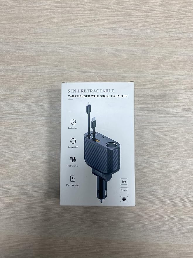 OHLPRO Retractable Car Charger Cigarette Lighter Adapter, 168W 5 in 1 Fast Phone Charging Built-in Replaceable Fuse, Socket Splitter with USB C and USB i Cord, Fit for Phone iPad Galaxy GPS, Black
