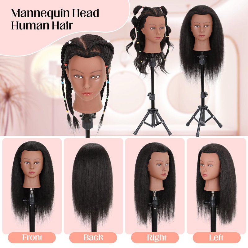 Mannequin Head Human Hair with Ttipod Stand, 100% Real Human Hair for Braiding, Cosmetology Hair Mannequin Head for Hair Styling with Adjustable Stand Tripod