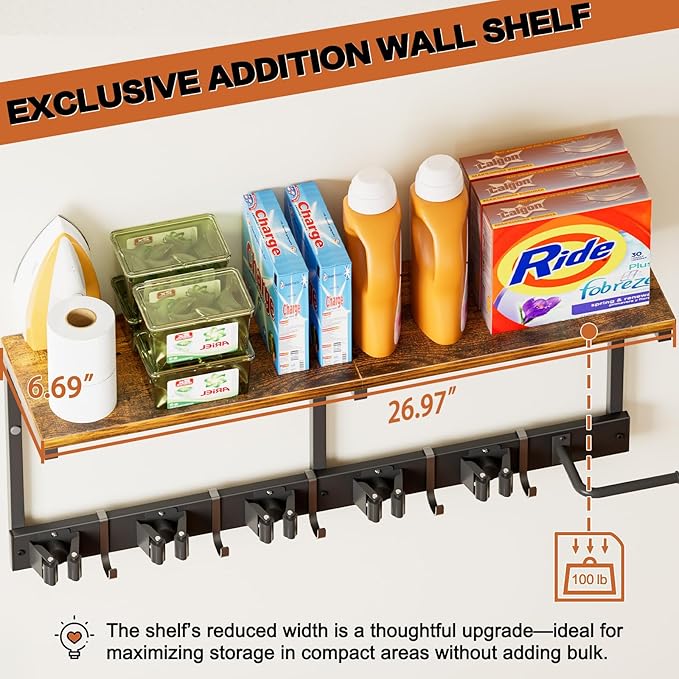 Broom Holder Wall Mount with Cleaning Supplies Organizer, Laundry Room Organization and Storage Shelves with Mop Hanger Rack Gripper Hooks, Utility Shelf Closet Organizer for Home Garage Kitchen