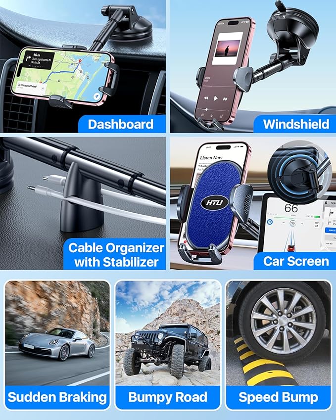 HTU 【Military-Grade Suction】 Cell Phone Holder for Car【Flexible Telescopic Arm】 Car Phone Mount Stand for Dashboard Windshield for iPhone 17 16 Pro Max 15 14 13 12 Samsung Truck Jeep, Dark Blue