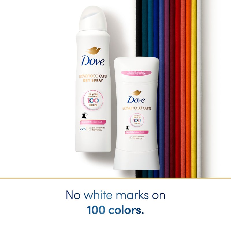 Dove Advanced Care Antiperspirant Deodorant Stick Clear Finish 4 Count deodorant that doesn’t stain clothes 72-hour odor control and all-day sweat protection with Pro-Ceramide Technology 2.6 oz