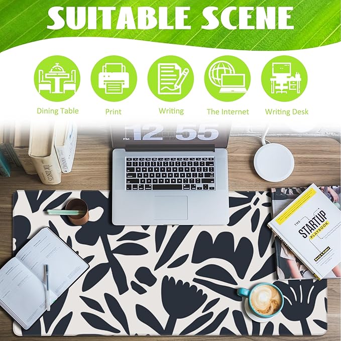 Eflxamz Desk Pad,Hand Drawn Leaves and Flowers Desk Mat,Abstract Plant Large Gaming Mouse Pad for Desk,Extended Big Computer Keyboard Mouse Pad with Non-Slip Base and Stitched Edge,35.4"x15.7"