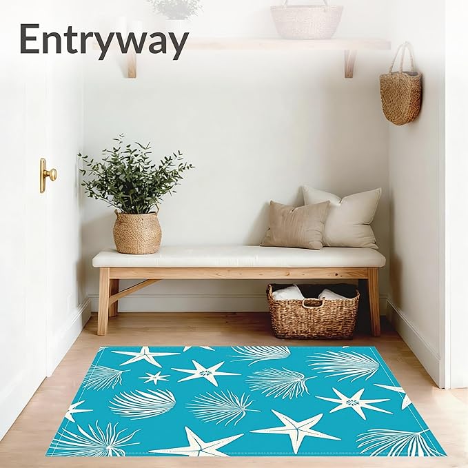 Flatwoven High Traffic Area Rug 4x6, Starfish and Conch Drift with Lighthouse Accents, Non Slip, Stain Resistant, Washable Area Rugs for Living Room, Bedroom (Blue, 4x6)