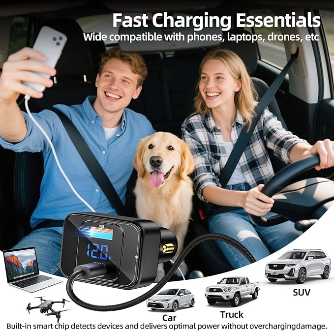 Ushigoo Fast Car Charger for iPhone 17 Sumsung Fast Charging Cigarette Lighter Adapter Accessories, Multi Device Family Travel Road Trip Essentials, 170W USB C 12V-24V 140W PD3.1, LED Display