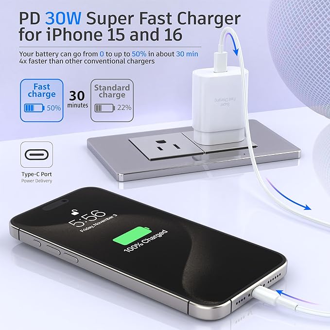 TT&C 30W USB C Fast Charger kit with 10FT & 6.6FT Cables, PD 3.0 Power Wall Block Compatible with iPhone 17, 17e, iPhone Air, 16, 15, Pro Max, & for Galaxy S26 S25 S24 Ultra & iPad Pro (White)