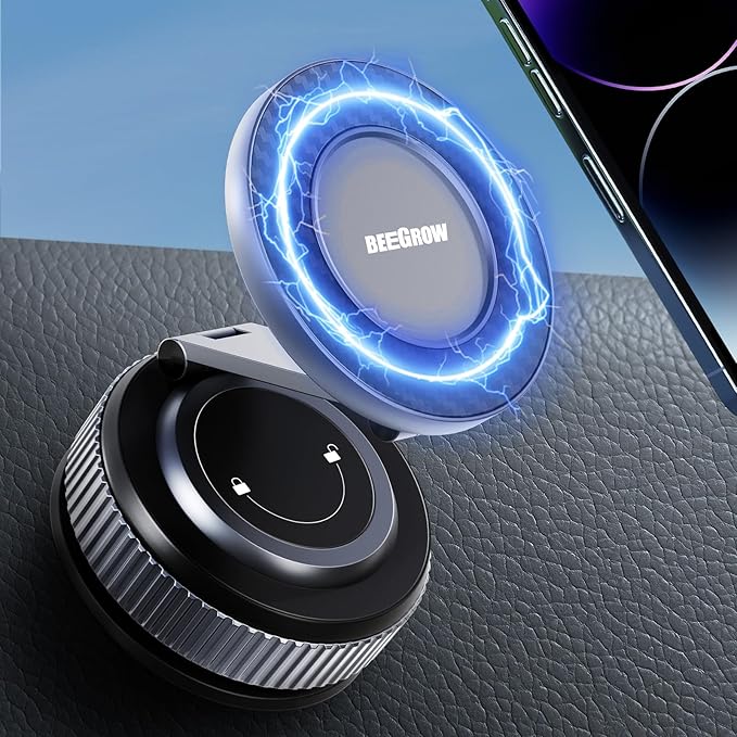 BEEGROW Magnetic Car Phone Holder for Magsafe, Alloy 360° Folding Cell Car Phone Mount with Ultra Stable Suction Cup and Reusable Gel, Dashboard Windshield Stand for iPhone 17-12 Android Pixel Samsung