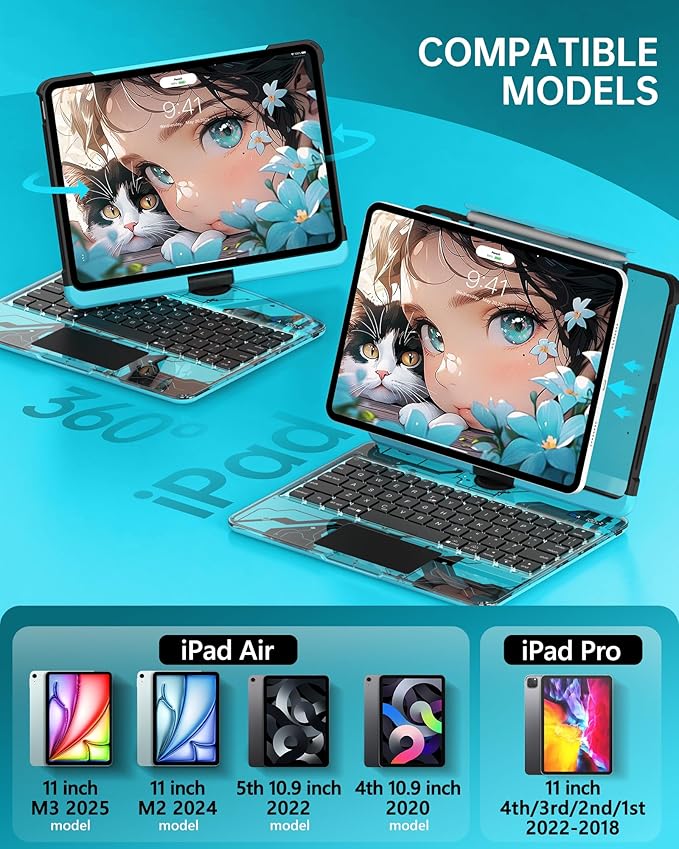 Intermerge Transparent Case with Keyboard for iPad Air 11"(M4/ M3/ M2, 2026/2025/ 2024), Air 5th/4th, Pro 11" 2022-2018, 360° Swivel Multi-Touch Trackpad, 7-Color Backlit, Pencil Holder, Aqua Pulse