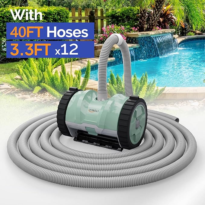 VINGLI Pool Vacuum Cleaner, Automatic Pool Sweeper for Ground&Inground Pools, Suction Side Wall-Climbing Sweeper with 39.6ft Tangle-Free Hose (Mint Green&Gray)