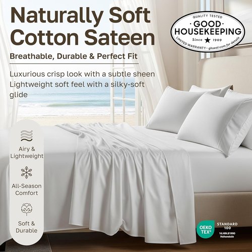 California Design Den Queen Sheet Set - 100% Natural Cotton Bedding with Deep Pockets, Soft Sateen Weave (White)