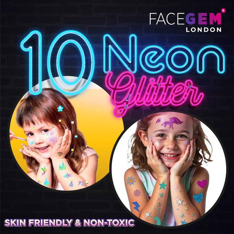 40 Colour - Glitter Tattoos for kids, Glitter tattoo kit, Temporary Tattoos for kids, Face glitter, 200+ Stencils, 40 Colour (10 neon), Rhinestones, Girls birthday present, Face Glitters