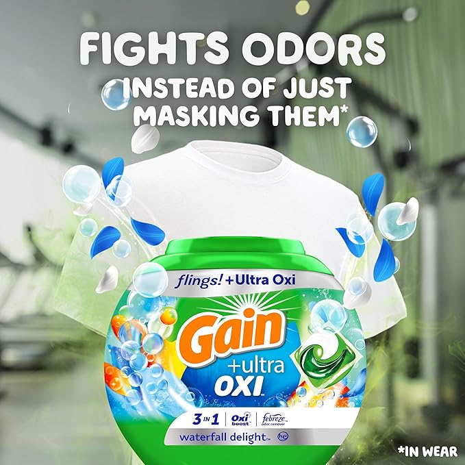 Gain flings Ultra Oxi Laundry Detergent Pacs, 60 Count, Waterfall Delight Scent, 3-in-1, HE Compatible