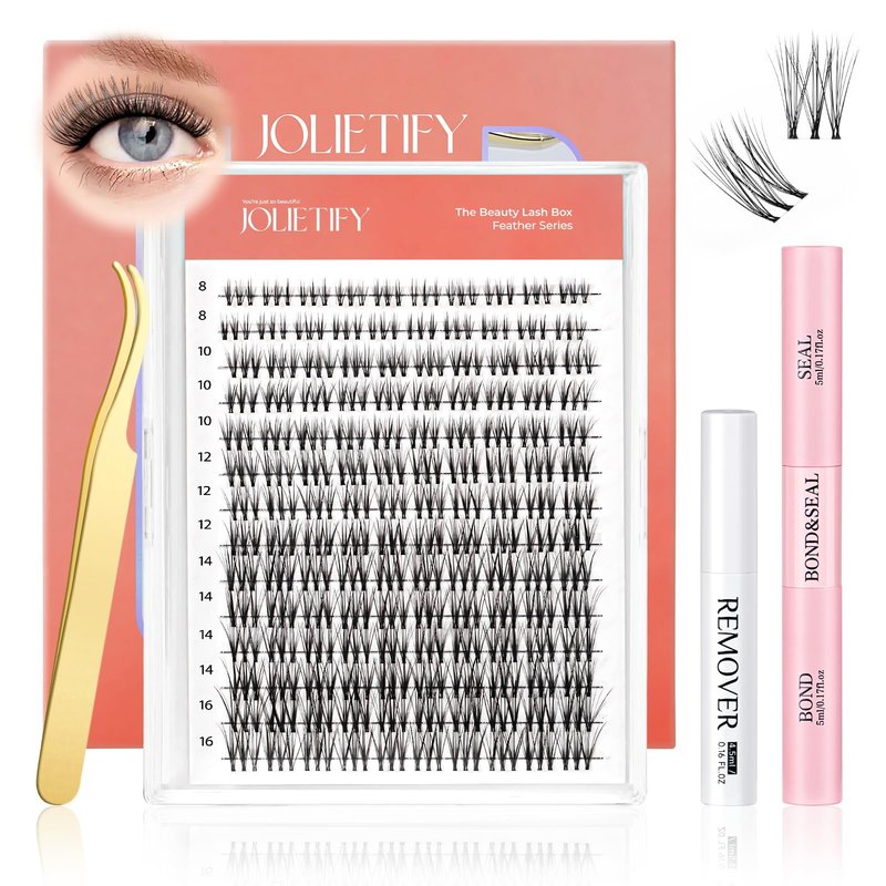JOLIETIFY Lash Extension Kit, Natural Style, Faux Mink 8-16mm Cluster Lashes, BareLook, Soft & Fluffy, Waterproof Bond & Seal, Reusable Individual Lashes with Tweezers & Remover Tool, Easy to Apply