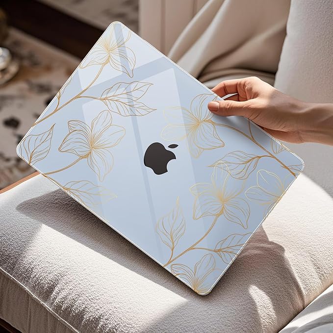 Mektron Case for 2026 MacBook Air 15 INCH M5 A3448 Compatible with M4 A3241 /M3 A3114 /M2 A2941 Printed Plastic Hard Shell Cover with 15.3" Liquid Retina Display Touch ID- Gold Flower S718-Blue
