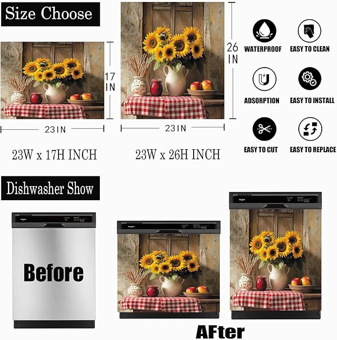 Vase Sunflower Magnetic Dishwasher Magnet Cover Decal, Vintage Rustic Desktop Apples Vinyl Decor Magnetic Fridge Door Cover, Dishwasher Magnetic Sticker, Easy Update 23" x 26" Magnetic