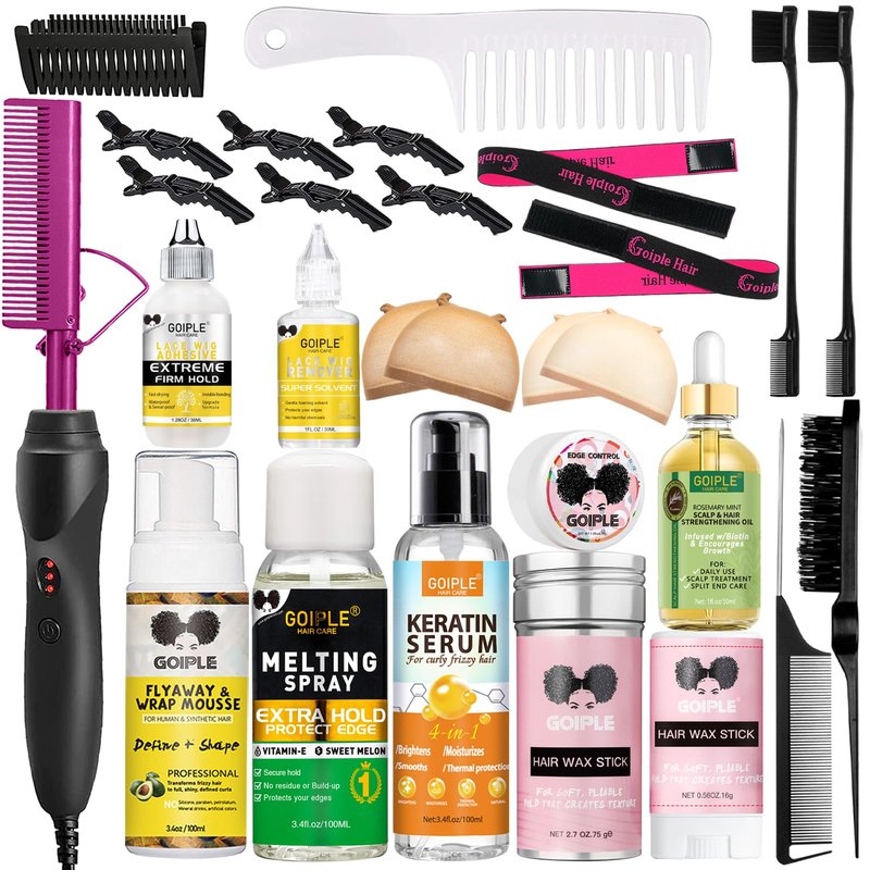 Goiple Hot Comb Hair Straightener Heat Pressing Combs, Hot Comb for Wigs Human Hair Ceramic Electric Straightener, Curling Iron Pressing Combs Kit for Wigs