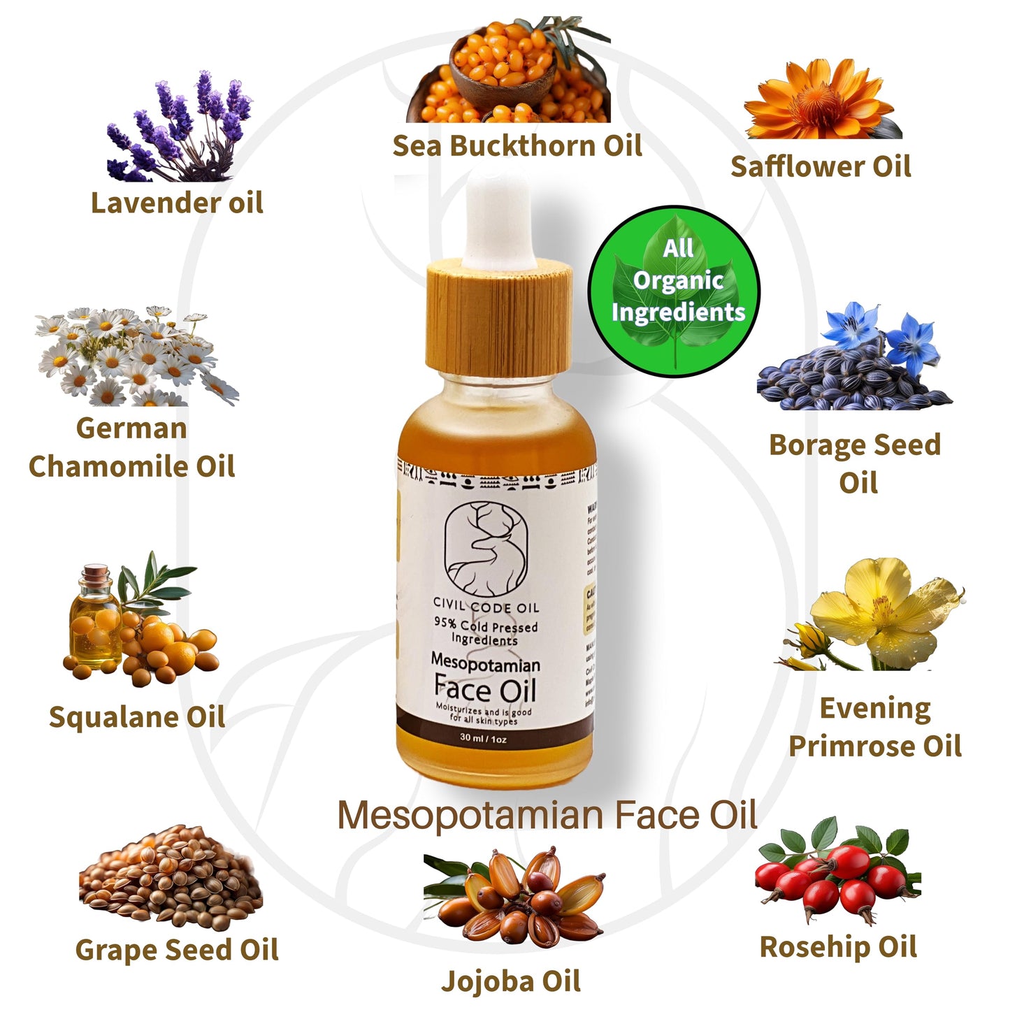 Civil Code Mesopotamian Face Oil – Organic Anti Aging Facial Oil for Women with Sea Buckthorn, Jojoba, Squalane & Lavender – Hydrating Skin Care for Dry Skin & Fine Lines – Natural Skincare 1oz