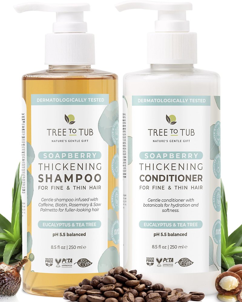 Tree To Tub Volumizing Biotin Shampoo and Conditioner Set - Activating Caffeine for Fuller Hair, Thickening Shampoo and Conditioner for Women & Men, Sulfate Free w/Natural Soapberry Organic Argan Oil