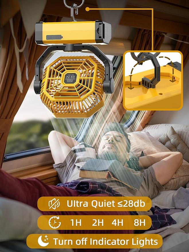 Battery Powered Fan - 9-Inch Rechargeable Fan Portable, 24000mAh(60Hrs) Camping Fans for Tent, Auto Oscillation Cordless, Tent Fans for Camping with Remote/light, 4 Speeds, 4 Timing, Outdoor, Yellow