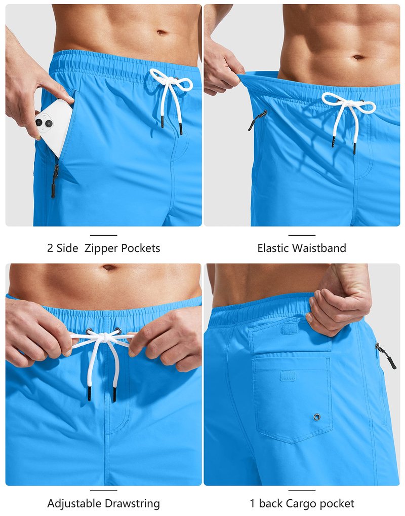 Viodia Men's Swim Trunks with Compression Liner Quick Dry Board Shorts Swimsuit Swimwear for Men with Zipper Pockets Blue