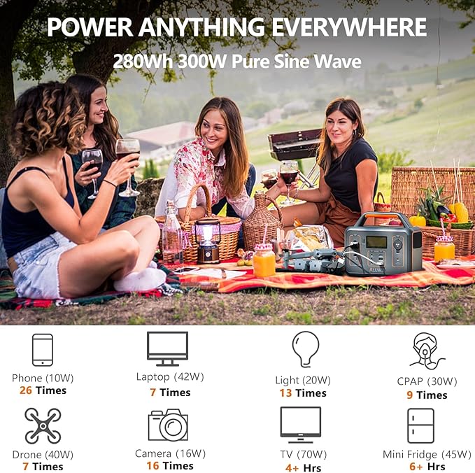 ALLWEI Portable Power Station 300W, 256Wh Solar Generator with 110V Pure Sine Wave AC Outlet,6 Output Ports,Backup LiFePO4 Battery Generator for Camping Outdoor Emergency Home (Solar Panel Optional)