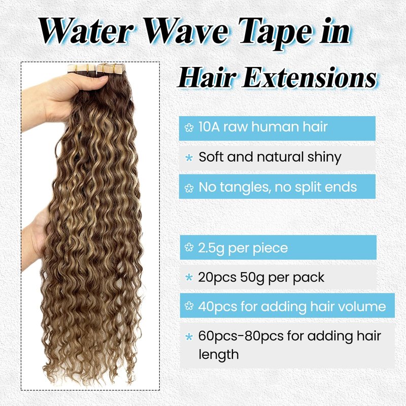 Honey Blonde Highlight Water Wave Tape in Human Hair Extensions Tape ins Real Human Hair Extensions for Black Women Ombre Brown with Caramel Blonde Highlight Loose Curly Skin Weft Hair Extension 12”