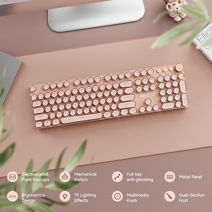 SEUNKWANG EWEADN Wired Typewriter Mechanical Keyboard, Low Noise Pink Switch Retro Punk Keyboard with Media Knob, White Backlit, Metal Panel, 104-Key Round Keycaps Cute Keyboard for Windows PC- Pink