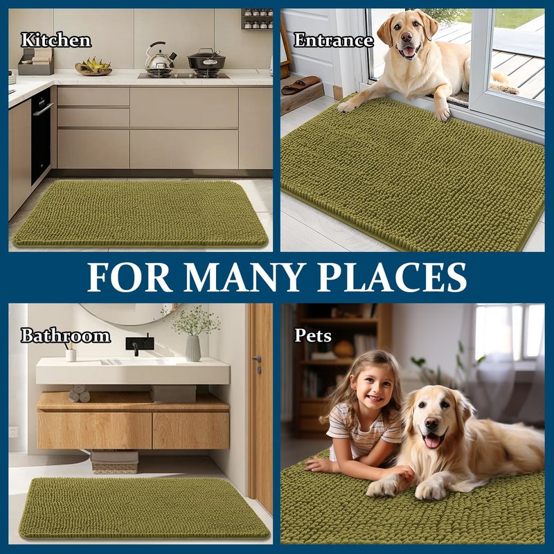 OLANLY Dog Door Mat for Muddy Paws 36x24, Absorbs Moisture and Dirt, Absorbent Non-Slip Washable Doormat, Quick Dry Chenille Mud Mat, Entry Indoor Entryway Carpet for Inside Floor, Willow Green