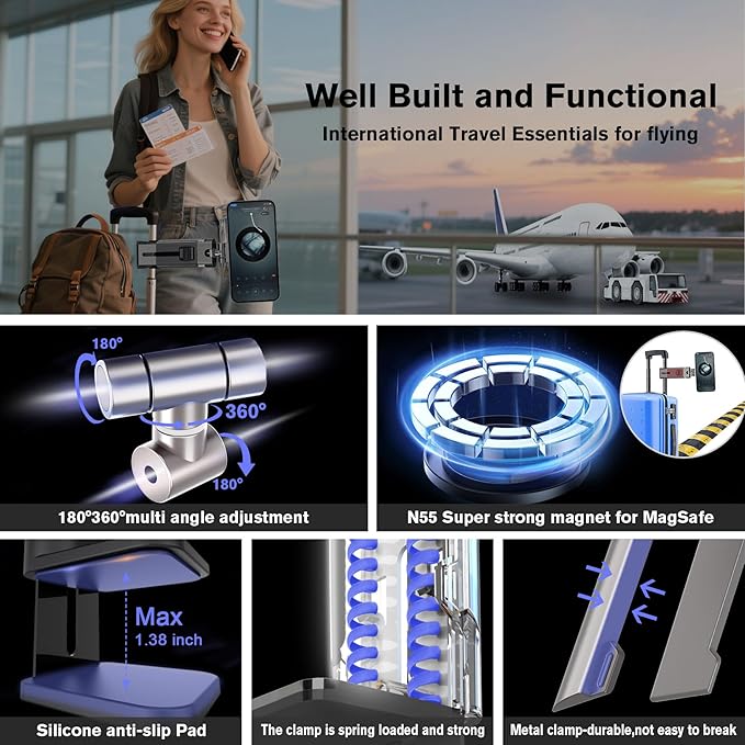SOGUE Airplane Travel Essentials Men Phone Holder,Plane Phone Mount for MagSafe,Foldable Magnetic Phone Stand for Desk 360° Swivel Universal in Airplane Gadgets for iPhone 17