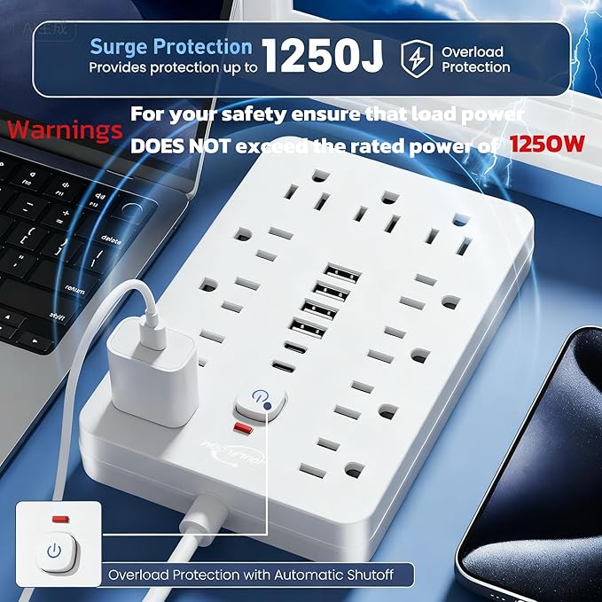 JouleLoom 5 FT Flat Plug Surge Protector Power Strip,11 Multiple AC Outlets with 6 USB Ports (2 USB C), 5 Feet Extension Cord, 1250W/10A, One Touch Switch Button, 17 in 1 Compact powerstrip-White