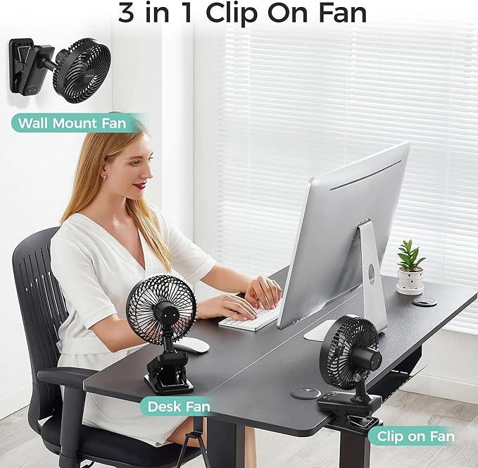 10000mAh Clip On Fan, 42H Run, Quiet & Auto Oscillating Table Fan, Rechargeable with 4 Powerful Speeds, Battery Operated Desk Fan with Sturdy Clamp for Camping Outdoor Travel RV Home Bedroom Office