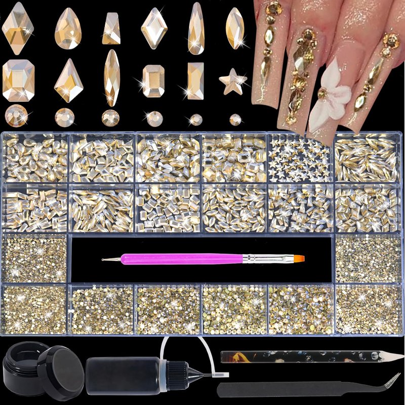 HNUIX Nail Rhinestones - 4550pcs Champagne Gold, Multiple Shape Gems, Flatback Crystal Rhinestones, with Kit and Glue Gel, for Nail Art