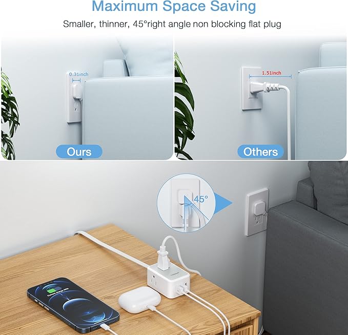 TESSAN Small Flat Plug Power Strip, Ultra Thin Extension Cord 5 ft, 3 AC Outlets with 3 USB Ports (1 USB C), Multiple Wall Outlet Extender for Cruise Travel Office School Dorm Room Essentials