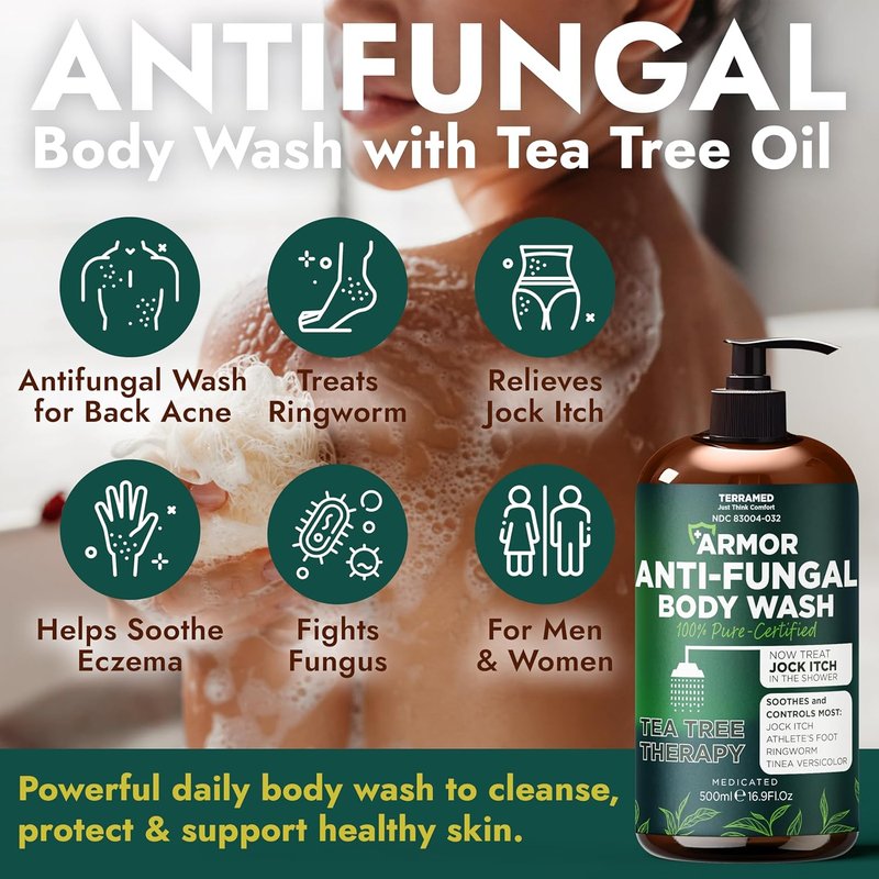 Antifungal Body Wash with Tea Tree Oil - Treat Back Acne, Ringworm & Eczema | Includes Silicone Scrubber (16.9 oz)