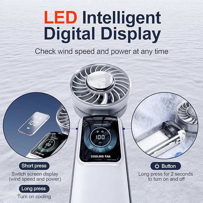 GZEduld Personal Handheld Fan with Stand & Lanyard, 5000mAh USB-C Rechargeable Battery, 12H Runtime 5-Speed LED Display Mini Cool Fan for Travel Beach Concerts Outdoor Events（4 Colors Available）